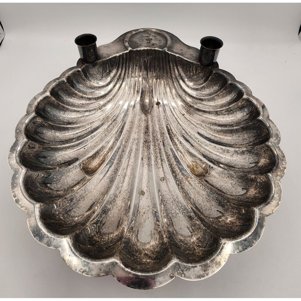 Vintage Silver-Plated Eales Scalloped Shell Footed Bowl Candle Holder Holiday
